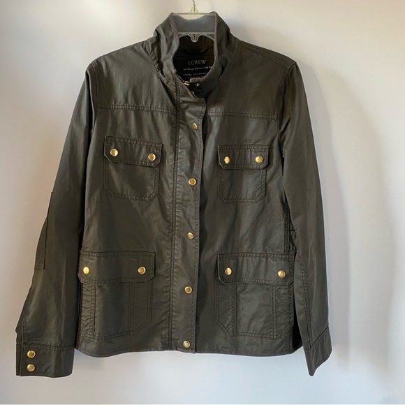 J.Crew Resin-Coated Field Jacket Olive Green Utility Boyfriend Fit Size L - Picture 2 of 10